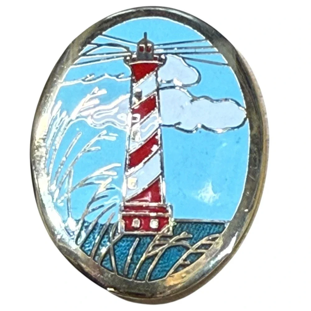 Vintage Cloisonne  Red White Striped Lighthouse Ocean‎ Pin Brooch